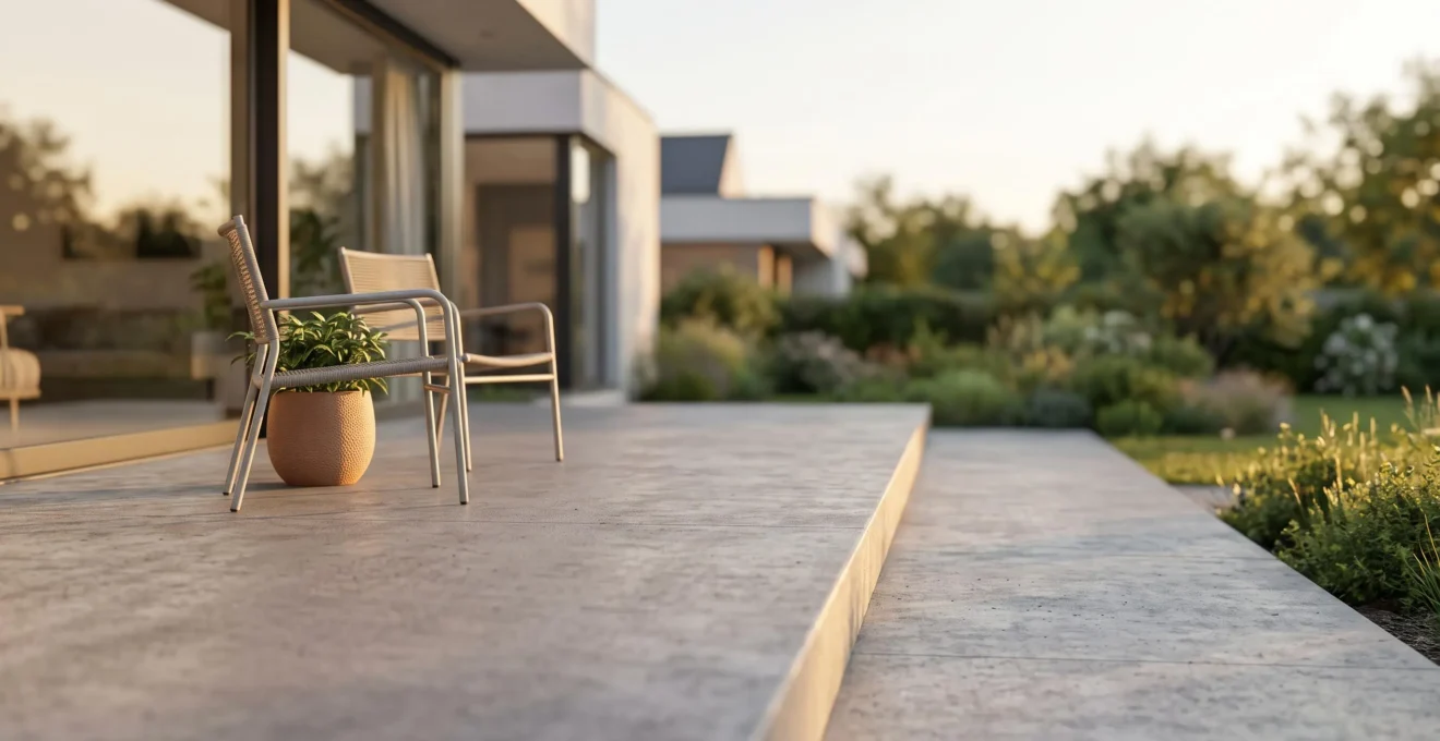 Terrasse en beton moderne et durable au coucher du soleil, symbole d'une construction resistante et economique