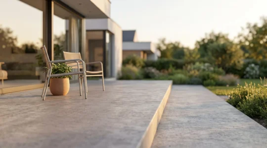 Terrasse en beton moderne et durable au coucher du soleil, symbole d'une construction resistante et economique