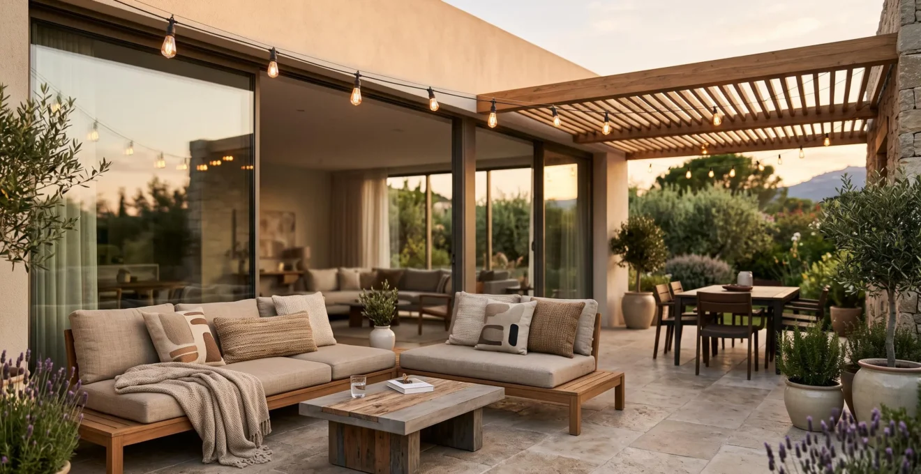 Terrasse de 25 m² aménagée comme une véritable pièce à vivre extérieure pour l'été, avec coin repas et coin détente