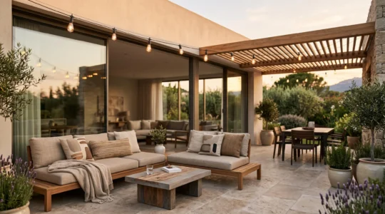 Terrasse de 25 m² aménagée comme une véritable pièce à vivre extérieure pour l'été, avec coin repas et coin détente