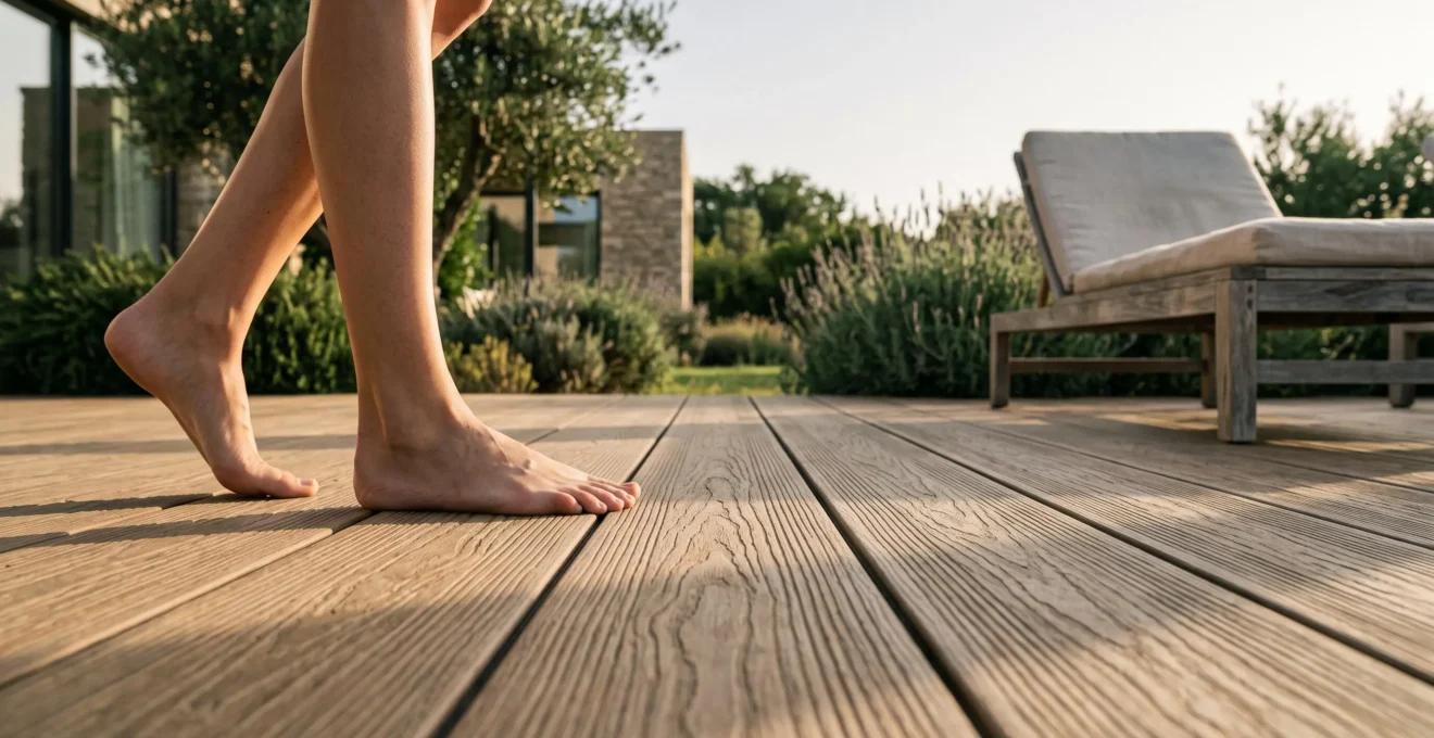 Terrasse en béton imprimé imitant des lames de parquet en bois, baignée de lumière naturelle