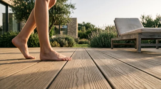 Terrasse en béton imprimé imitant des lames de parquet en bois, baignée de lumière naturelle