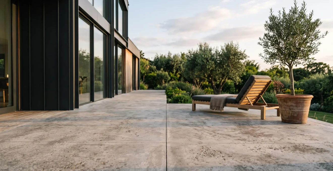 Terrasse en béton moderne traversée par de fines lignes de joints de dilatation sous une lumière de fin de journée
