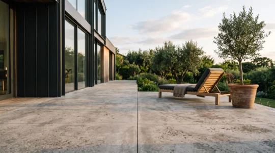 Terrasse en béton moderne traversée par de fines lignes de joints de dilatation sous une lumière de fin de journée