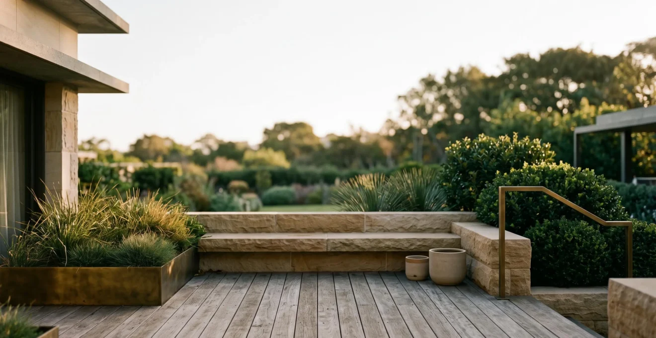 Terrasse contemporaine baignée de lumière naturelle, mêlant bois vieilli, pierre et végétation, symbole d'un design intemporel