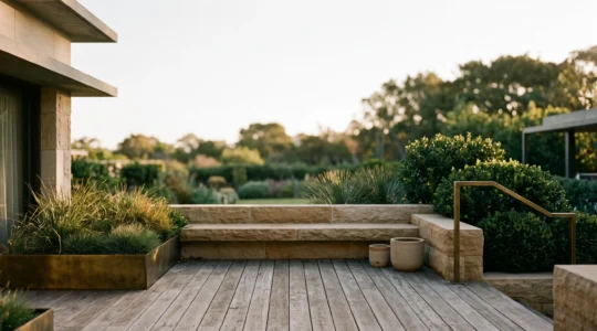 Terrasse contemporaine baignée de lumière naturelle, mêlant bois vieilli, pierre et végétation, symbole d'un design intemporel