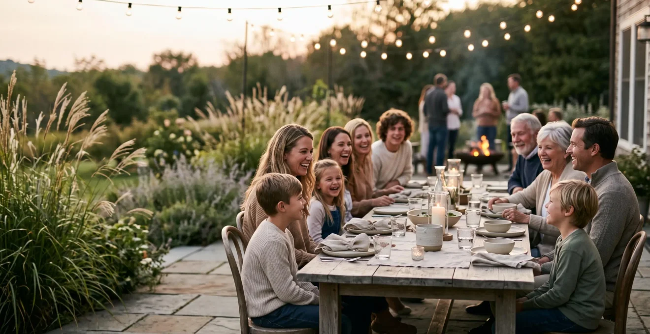 Grande table en pierre dressée sur une terrasse ombragée au coucher du soleil, entourée de plusieurs générations réunies dans une ambiance chaleureuse