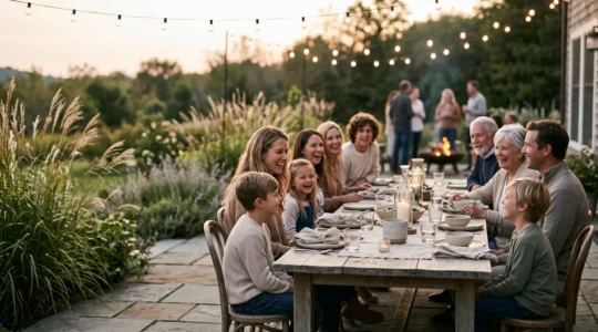 Grande table en pierre dressée sur une terrasse ombragée au coucher du soleil, entourée de plusieurs générations réunies dans une ambiance chaleureuse
