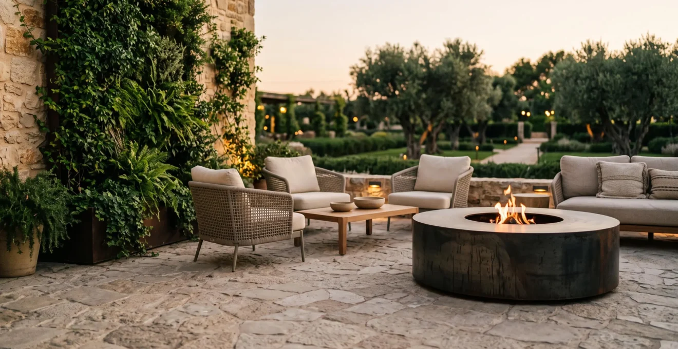 Terrasse extérieure luxueuse aménagée pour accueillir des invités de marque au coucher du soleil