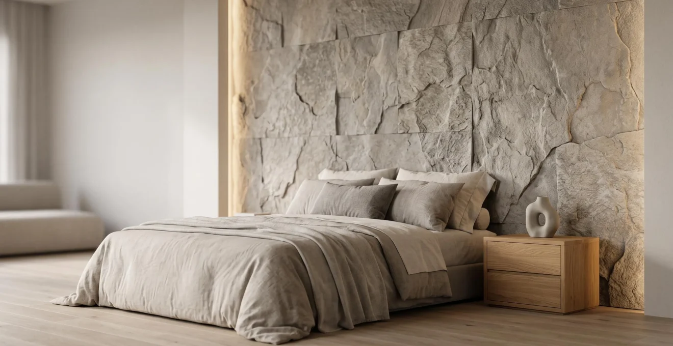 Chambre epuree avec tete de lit habillee de dalles fines effet pierre naturelle et eclairage chaleureux
